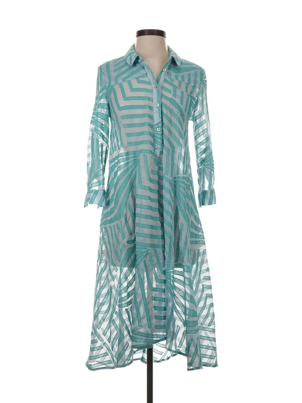 HOLDING HORSES Teal Striped Sheer Button-Front Midi Dress